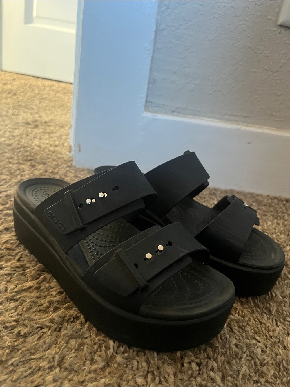 CROCS Black Platform Slide Sandals with Buckle Straps